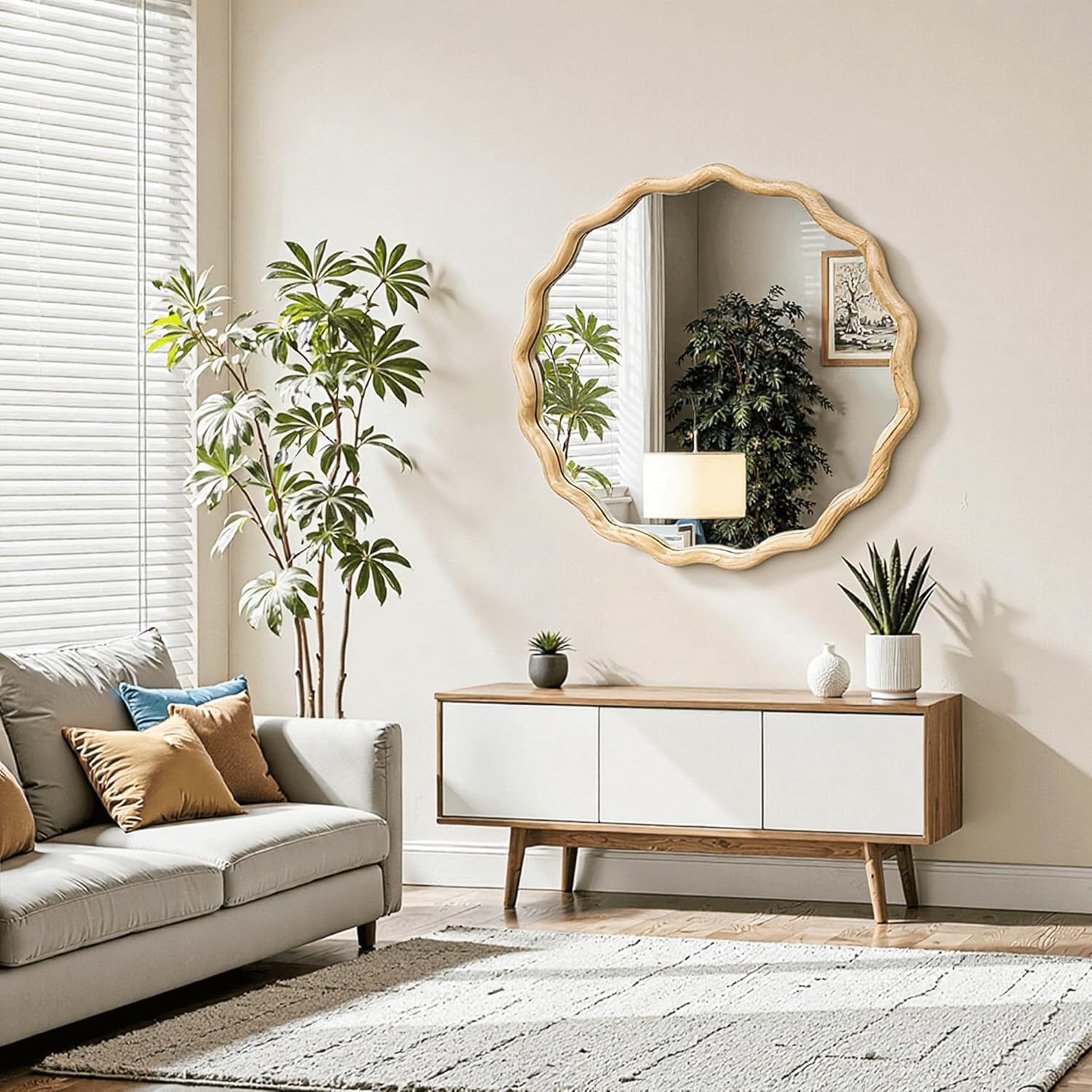 24″ Round Wavy Wooden Wall Mirror, Scalloped Frame, Shatterproof Glass, Farmhouse Decor