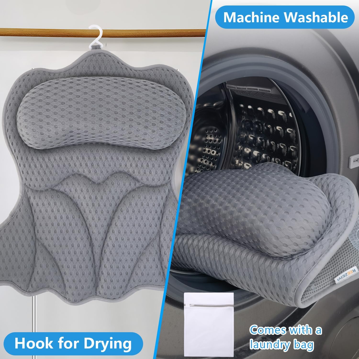 Grey Bath Pillow for Tub, Extra-Thick 4D Mesh, Neck & Back Support, 6 Non-Slip Suction Cups - Image 3
