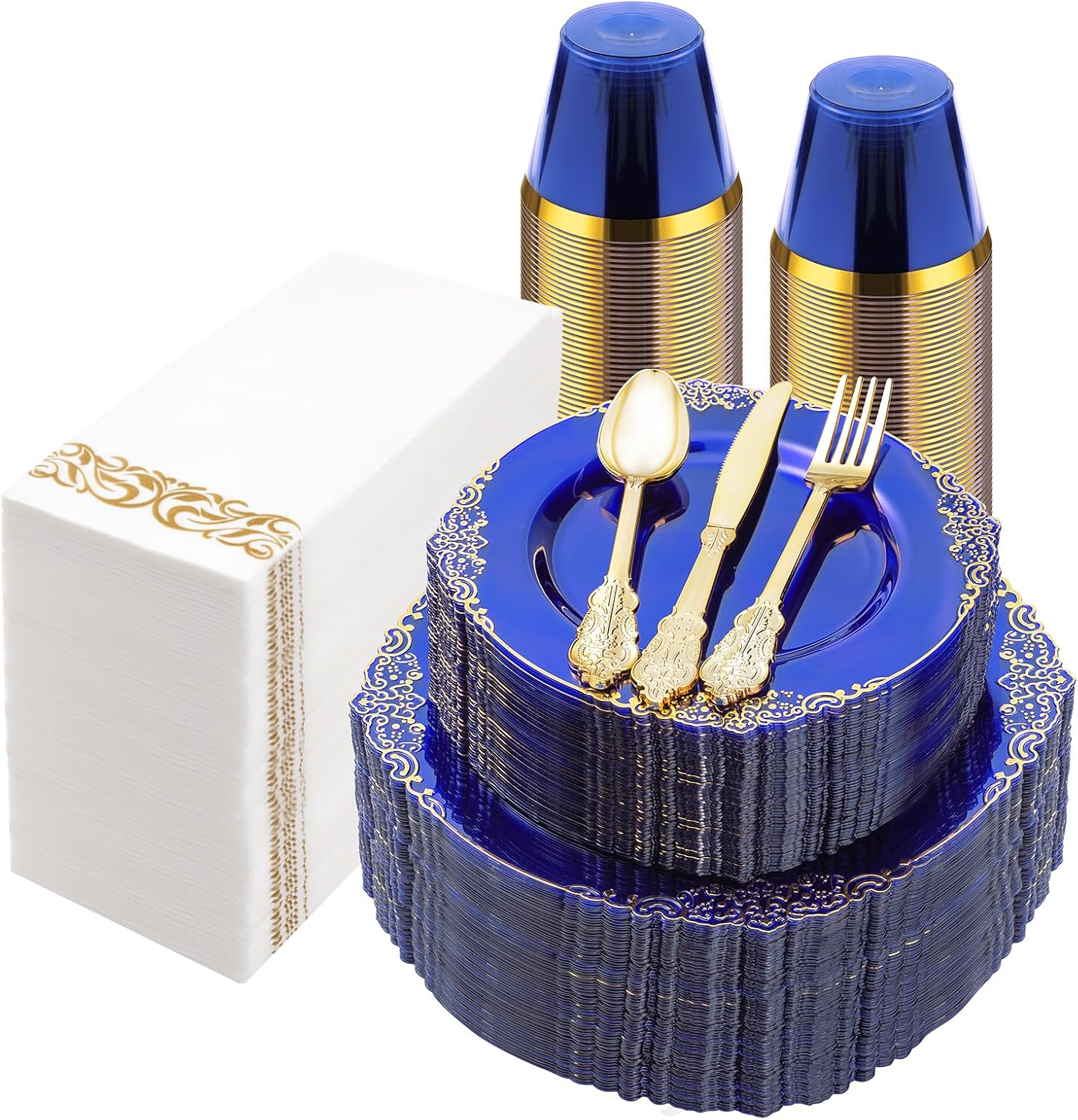 350-Piece Clear Blue Disposable Dinnerware Set for 50 Guests with Gold Trim - Image 4
