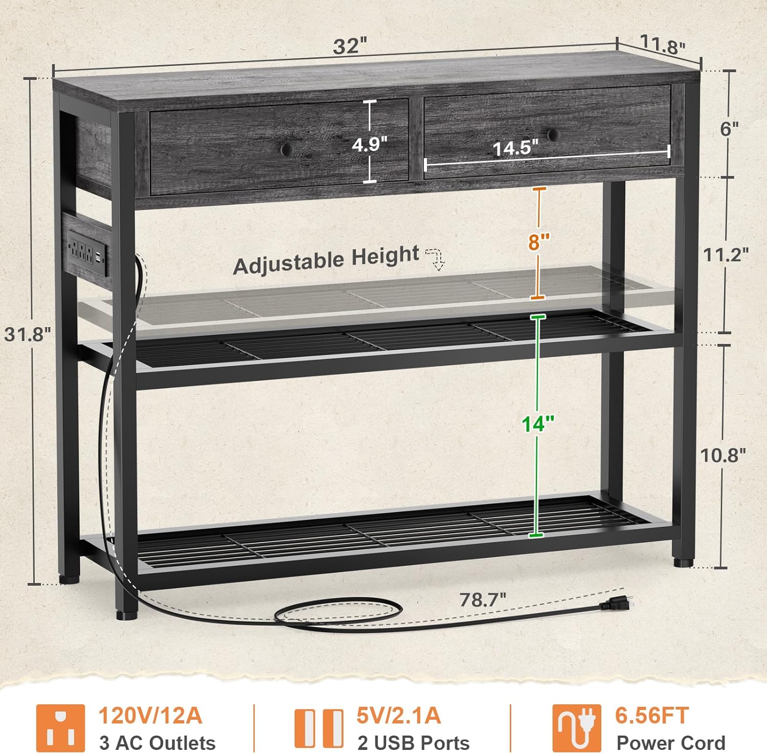 32″ Entryway Console Table with Outlets & USB, 2 Drawers, Grey Oak - Image 3