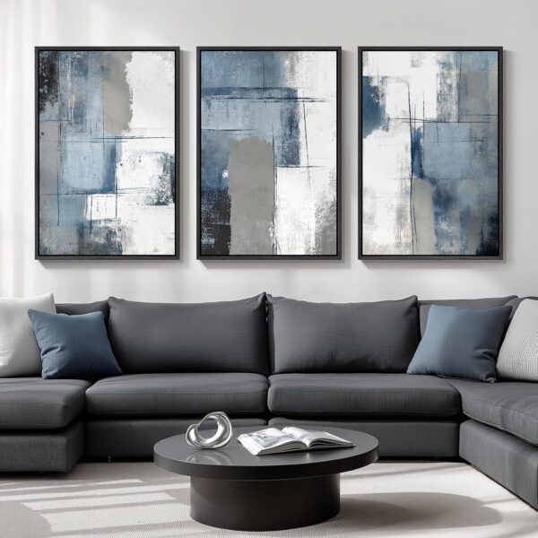 3-Piece Framed Abstract Canvas Wall Art, Blue & Grey, 24×36″, Modern Minimalist Decor
