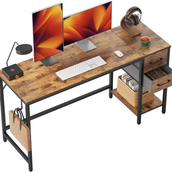 47″ Computer Desk with 2 Drawers, Rustic Brown, Home Office & Study Table