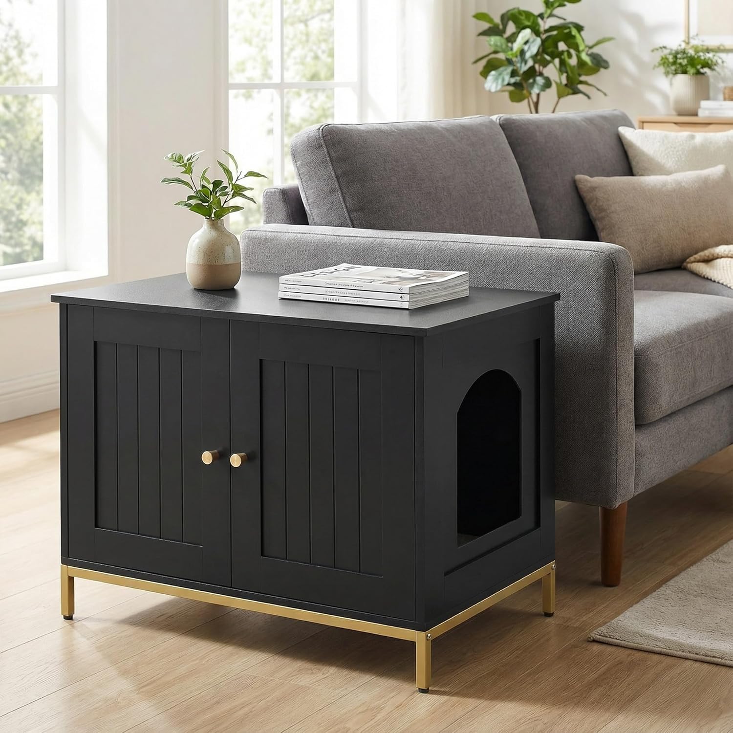 Modern Cat Litter Box Enclosure, Metal Frame Pet House, Black & Gold