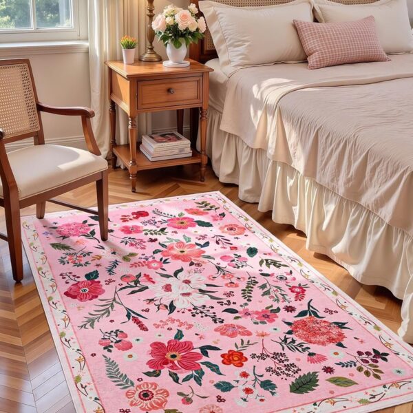 3×5′ Pink Floral Area Rug, Machine Washable, Non-Slip, Kids Bedroom & Playroom Carpet