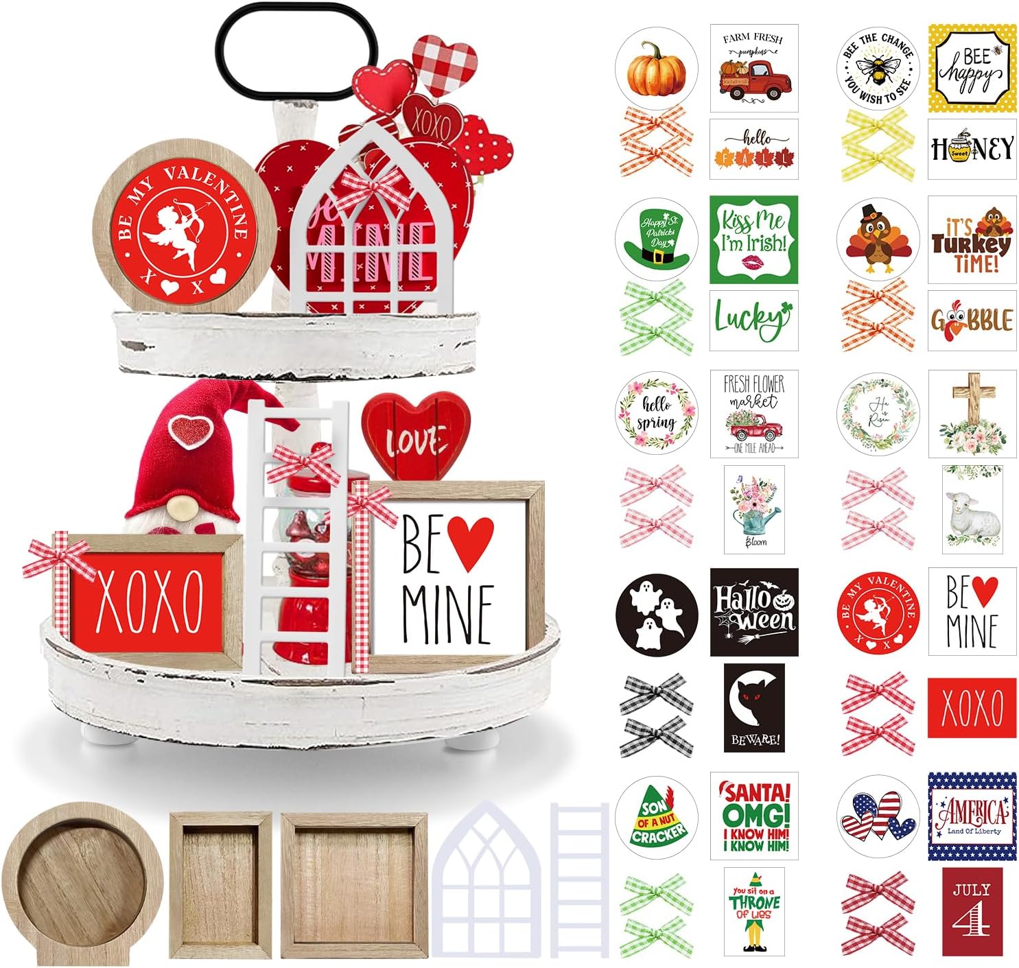 Valentine’s Day Tiered Tray Decor Set, Interchangeable Wooden Frames, Mini Arch & Ladder, Seasonal Home Decoration (No Tray)