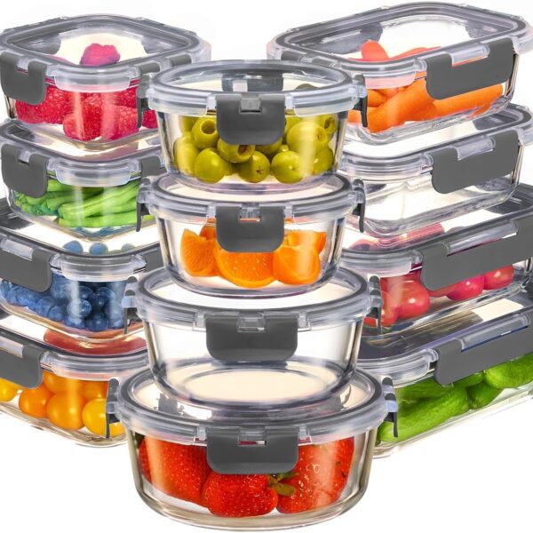 24-Piece Borosilicate Glass Meal Prep Containers – Airtight, BPA-Free, Hinged Lids, Oven & Freezer Safe