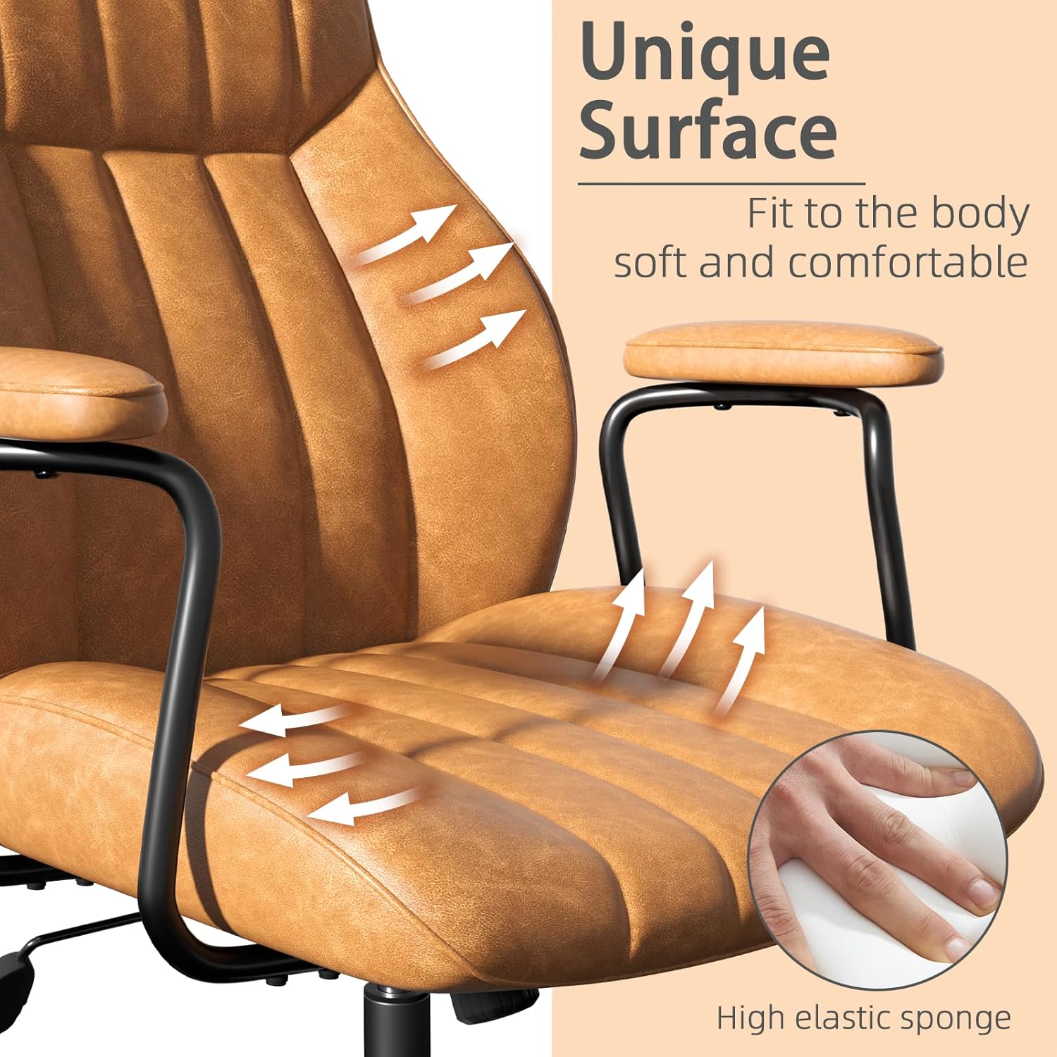 Brown Leather Office Chair, Mid-Century Modern, Adjustable Height, With Arms & Wheels - Image 2