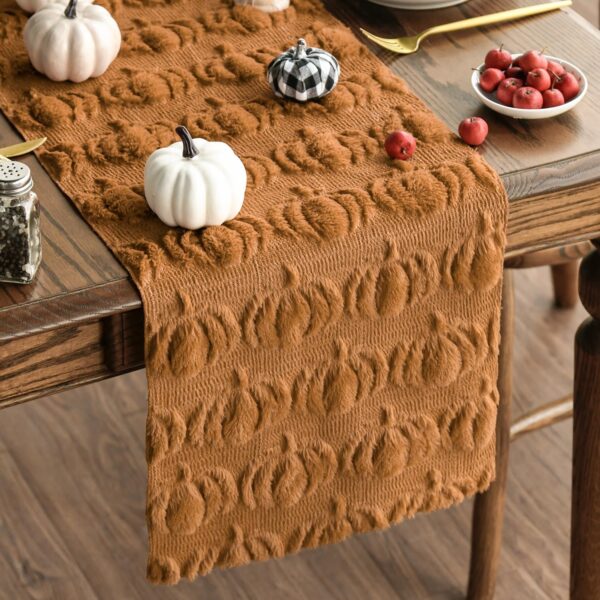 Fall Pumpkin Table Runner, Plush Faux Fur Jacquard, Autumn Kitchen & Dining Table Decor, 13x72 Inch