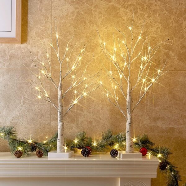 2 ft Lighted Birch Tree Decor (2-Pack), Indoor Christmas LED Fairy Light Trees, Battery Powered with Timer, Warm White