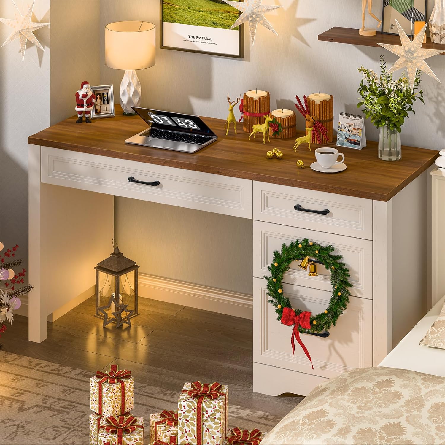 Farmhouse Executive Desk, White, Large Rustic Home Office Desk with Storage & File Drawer - Image 2