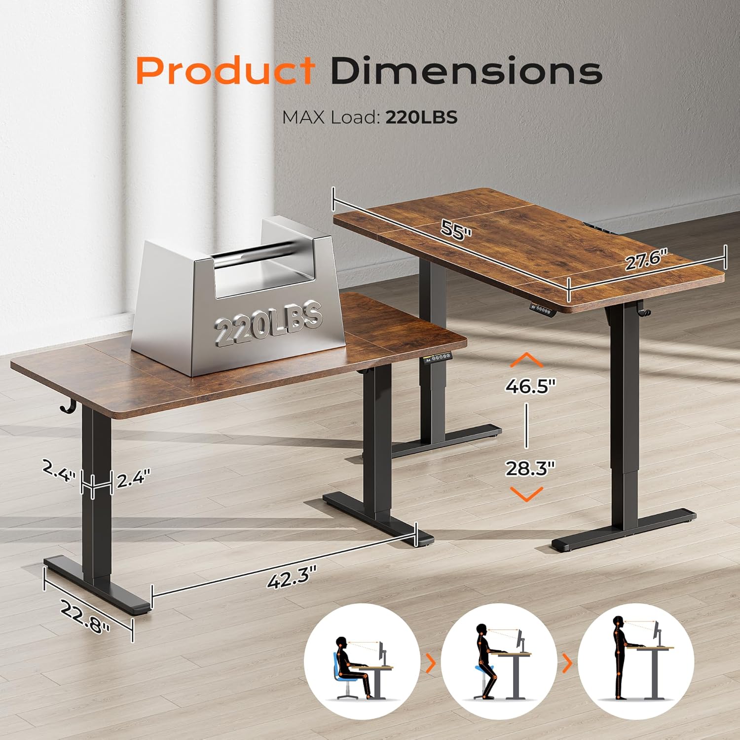 55×28″ Electric Height-Adjustable Standing Desk, Rustic Brown, 3 Preset Heights, Desktop Hooks - Image 4