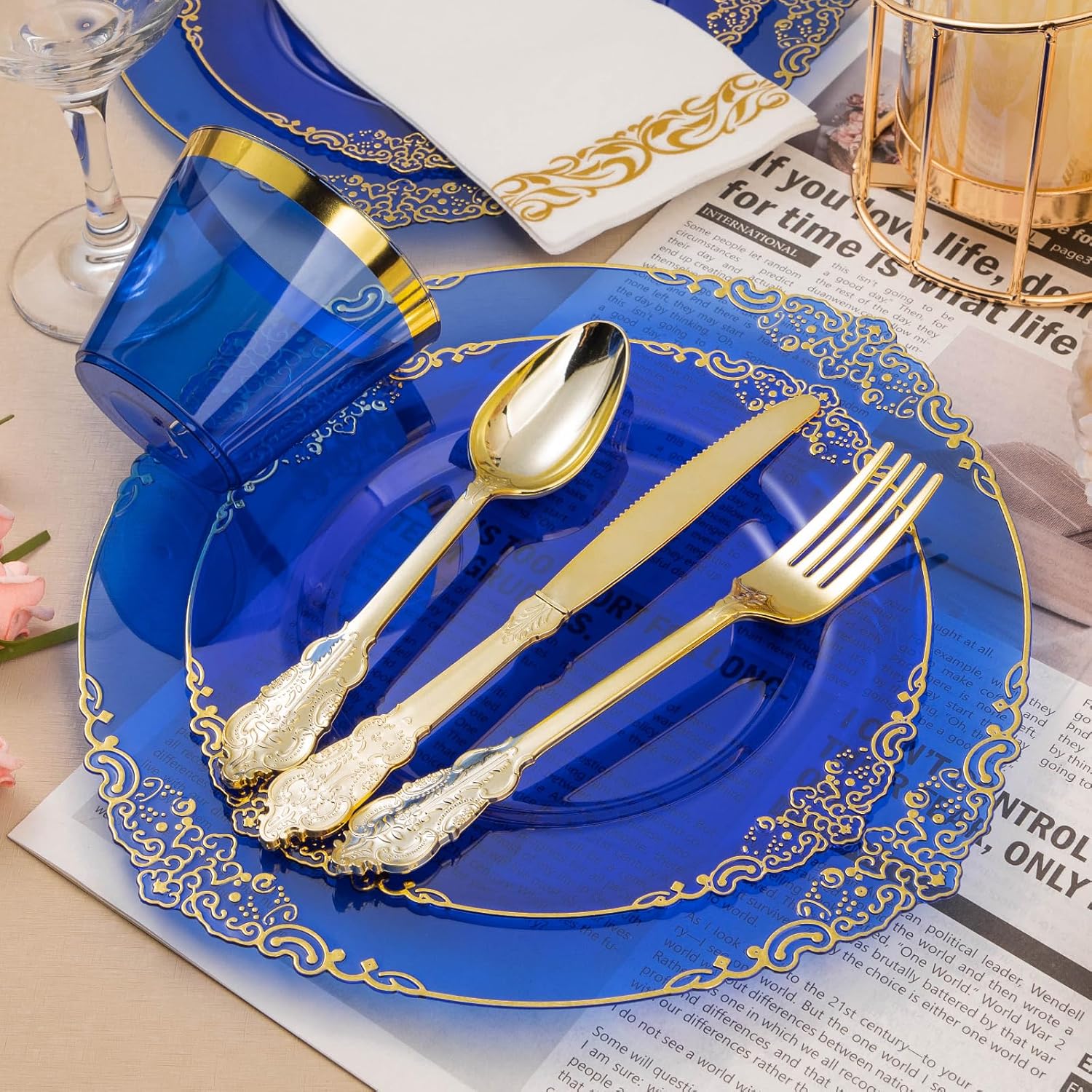 350-Piece Clear Blue Disposable Dinnerware Set for 50 Guests with Gold Trim - Image 2