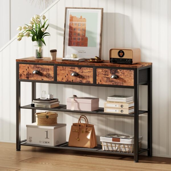 38″ Entryway Console Table with 3 Fabric Drawers, Industrial Rustic Brown