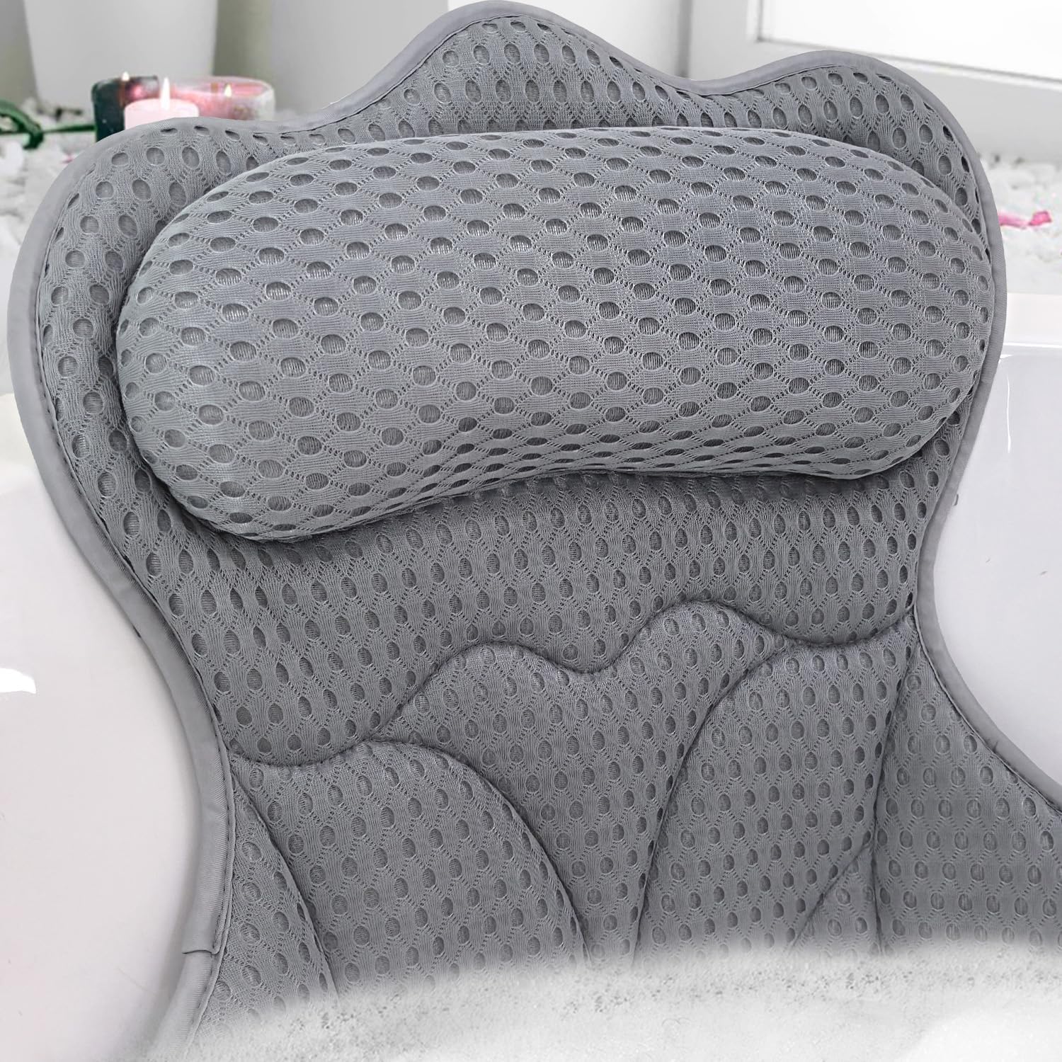 Grey Bath Pillow for Tub, Extra-Thick 4D Mesh, Neck & Back Support, 6 Non-Slip Suction Cups