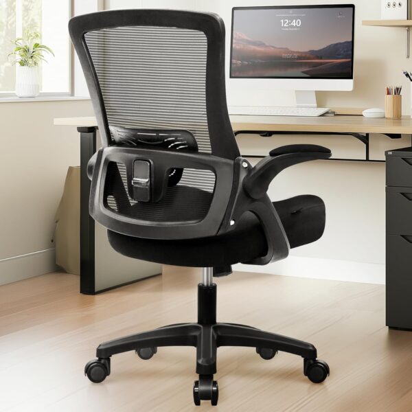 High-Back Mesh Office Chair, Black, Ergonomic, Adjustable, Flip-Up Armrests, Lumbar Support
