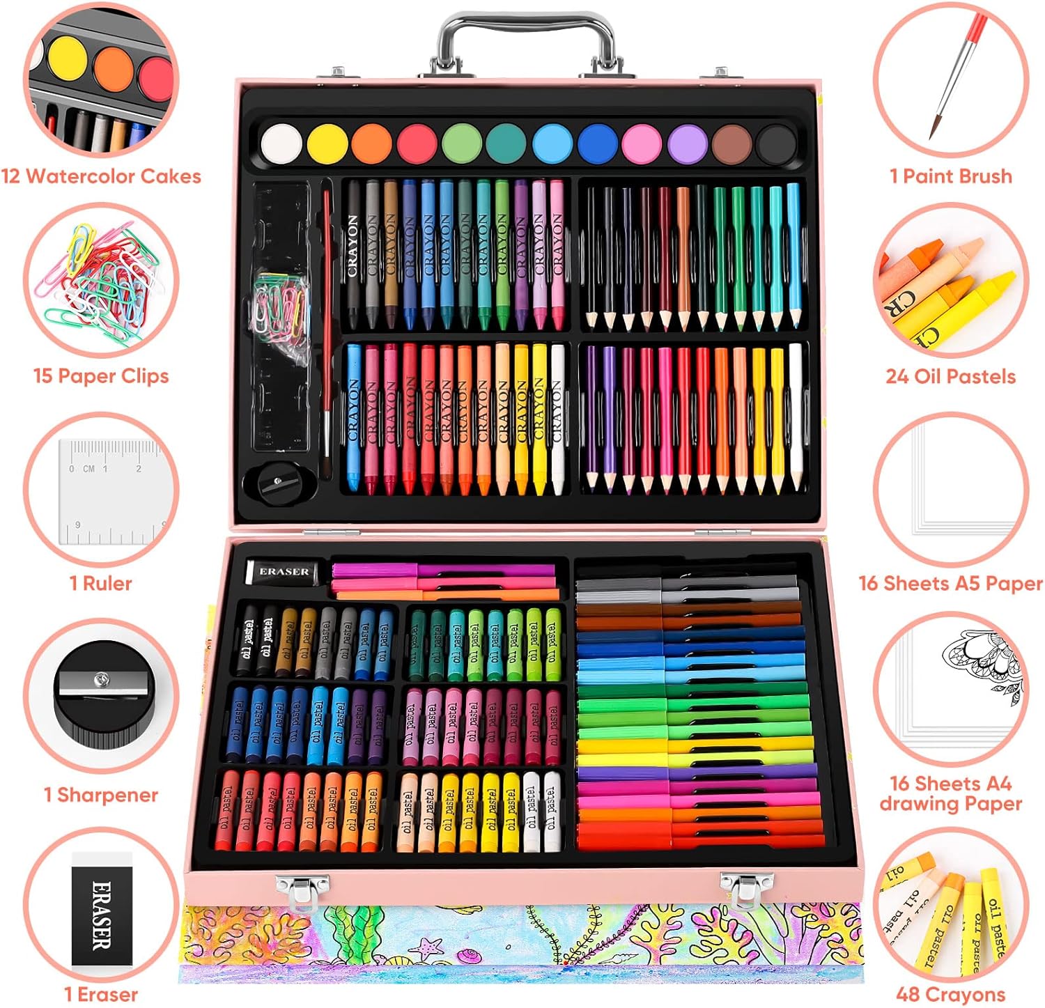183-Piece Kids Art Set, Crayons, Oil Pastels, Watercolors, Colored Pencils & Markers - Image 4
