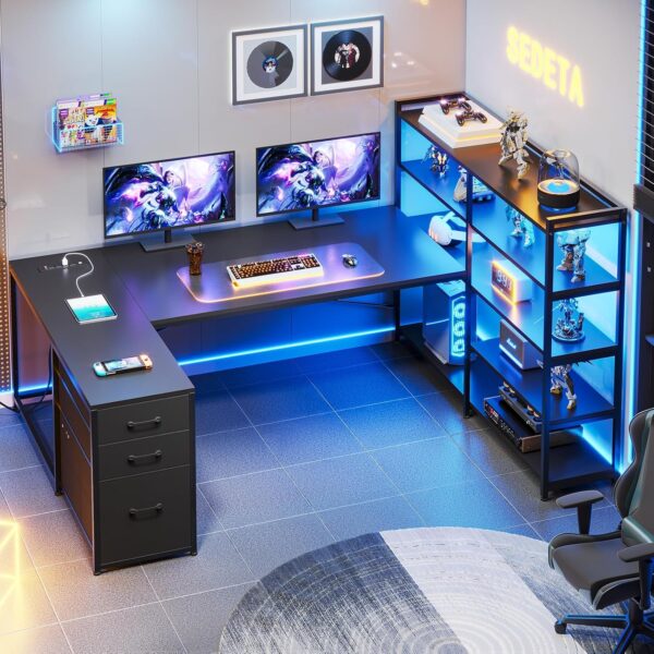 L-Shaped Reversible Gaming Desk, Black, LED Lights, Power Outlet & 3 Fabric Drawers