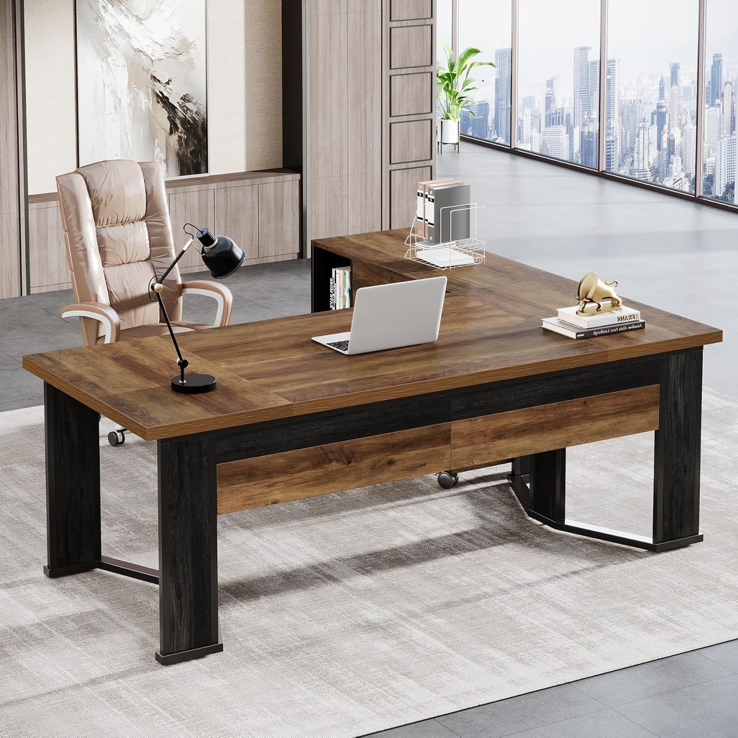 70.9″ L-Shaped Executive Desk with Mobile File Cabinet, 2 Drawers & Storage Shelves, Rustic Brown - Image 4