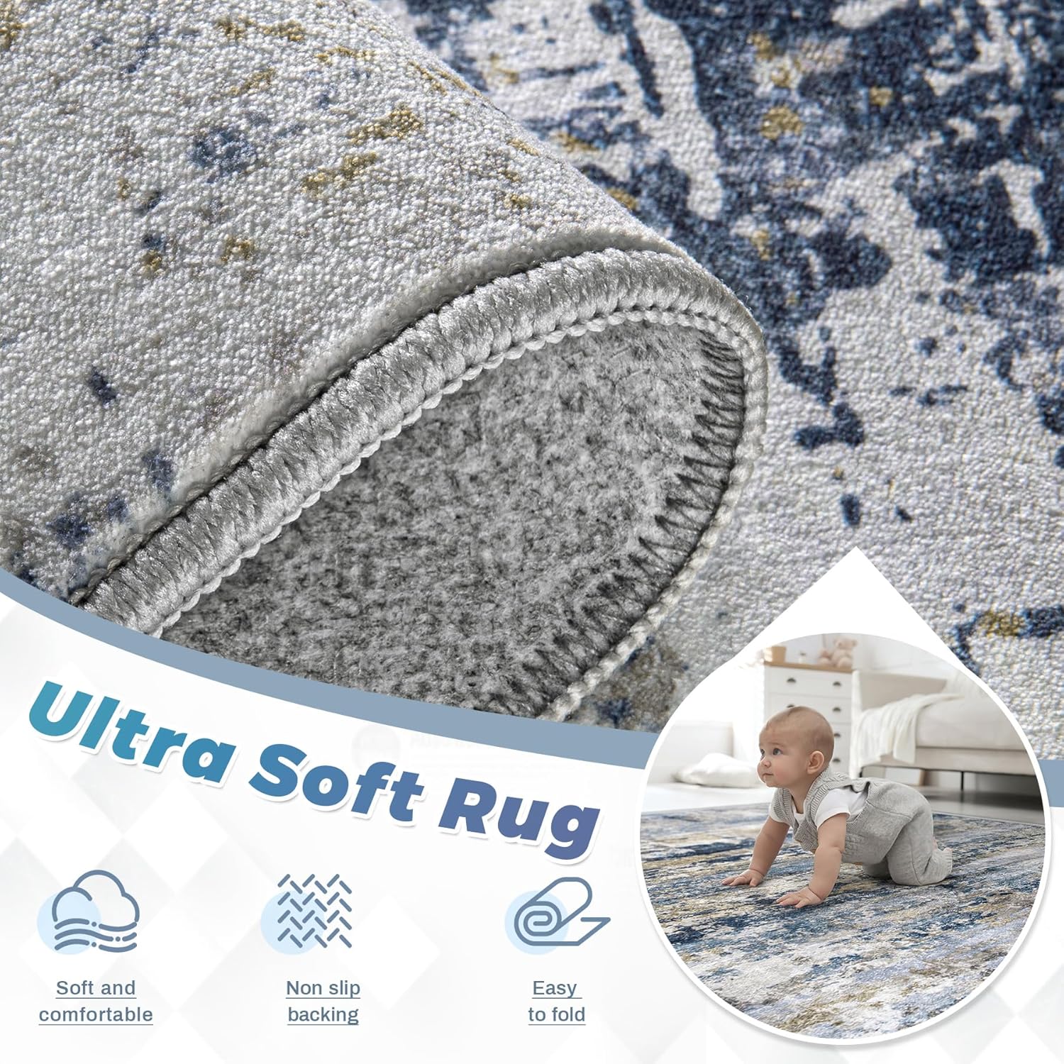 8×10′ Modern Abstract Area Rug, Washable, Soft Low-Pile, Non-Slip, Blue-Grey-Brown - Image 2