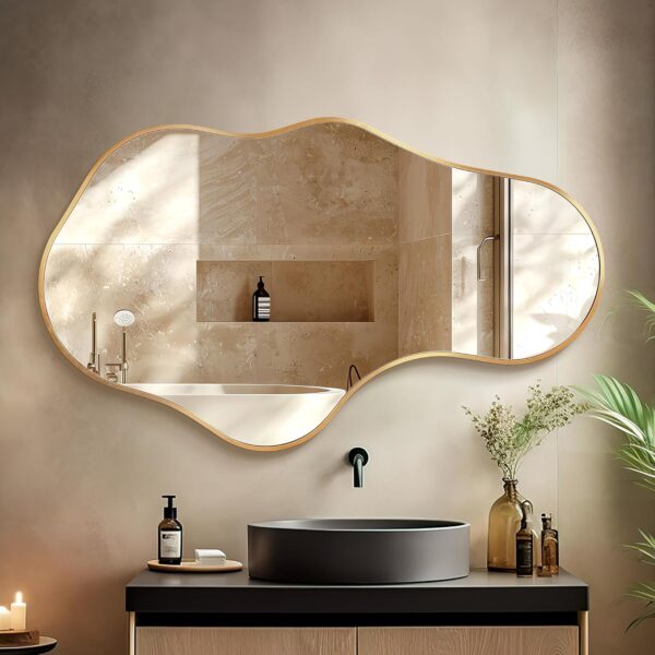 Irregular Wall Mirror - Wall Mirrors Decorative 22"x 36" Asymmetrical Abstract Mirror Aviation Aluminum Alloy Frame Unique for Bathroom, Bedroom, Living Room, Cloakroom, Entryway Gold