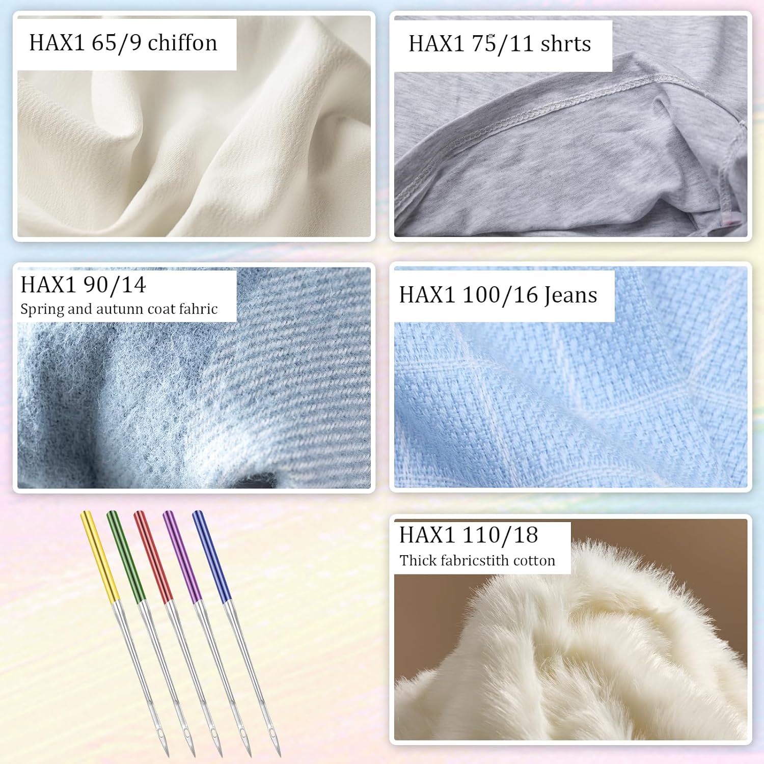 50-Pack Universal Sewing Machine Needles for Knit Fabric, Sizes 65/9–110/18, 5 Colors - Image 3