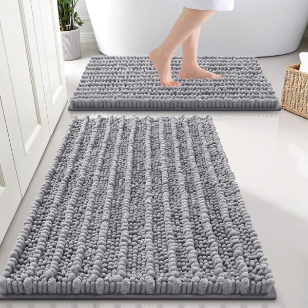 2-Piece Grey Chenille Bath Rug Set, Soft & Absorbent, Non-Slip, Machine Washable, Quick-Dry, 30×20″ & 24×16″