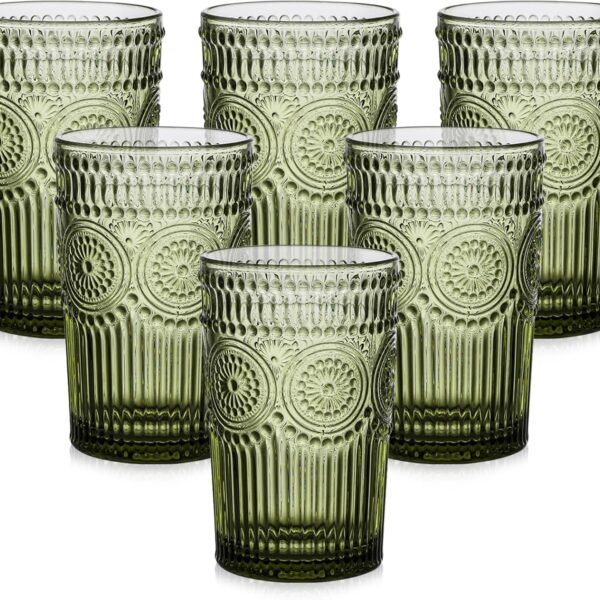 Set of 6 Vintage Green Glass Tumblers, 13 oz Textured Flower & Striped Design for Water, Cocktails & Juice