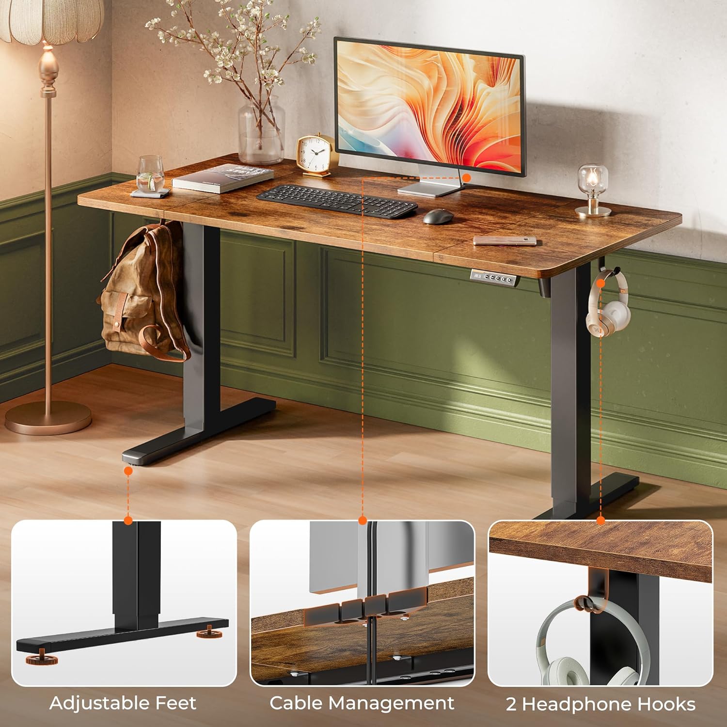 55×28″ Electric Height-Adjustable Standing Desk, Rustic Brown, 3 Preset Heights, Desktop Hooks - Image 2