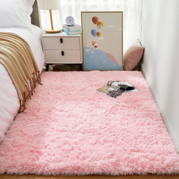4×6′ Pink Fluffy Shag Area Rug, Soft Plush, Kids & Teen Bedroom, Nursery & Dorm Carpet