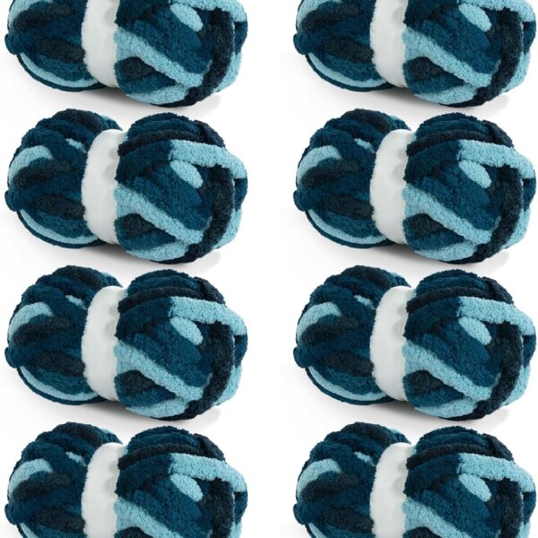 8-Pack Giant Chunky Yarn, Super Bulky Chenille, Soft Fluffy Tie-Dye, Dark Blue & Blue, Knitting & Crocheting