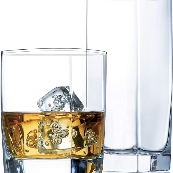 Everyday Drinking Glass Set of 16, Clear Glassware with 8 Highball & 8 Old Fashioned Glasses