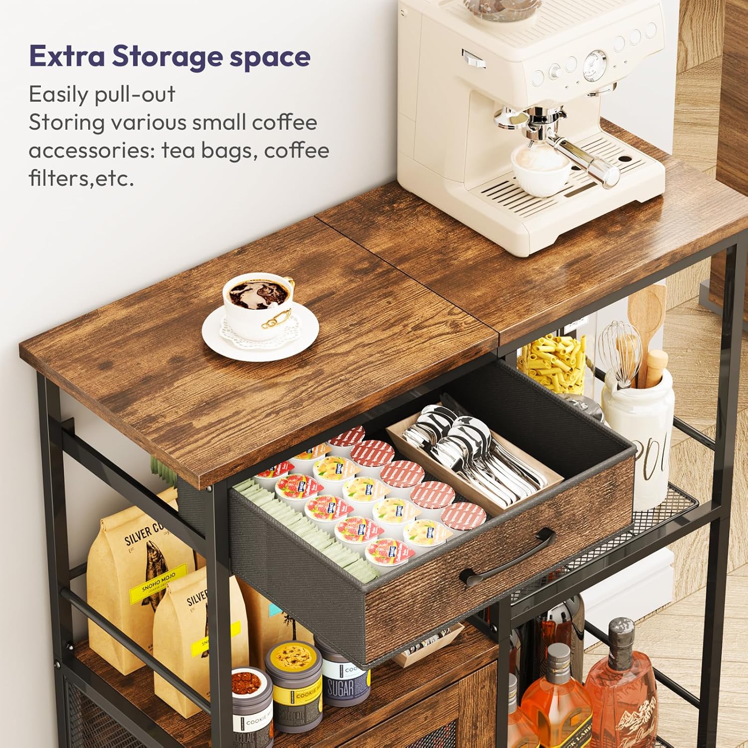 Farmhouse Coffee Bar Cabinet with Drawers, Espresso - Image 4