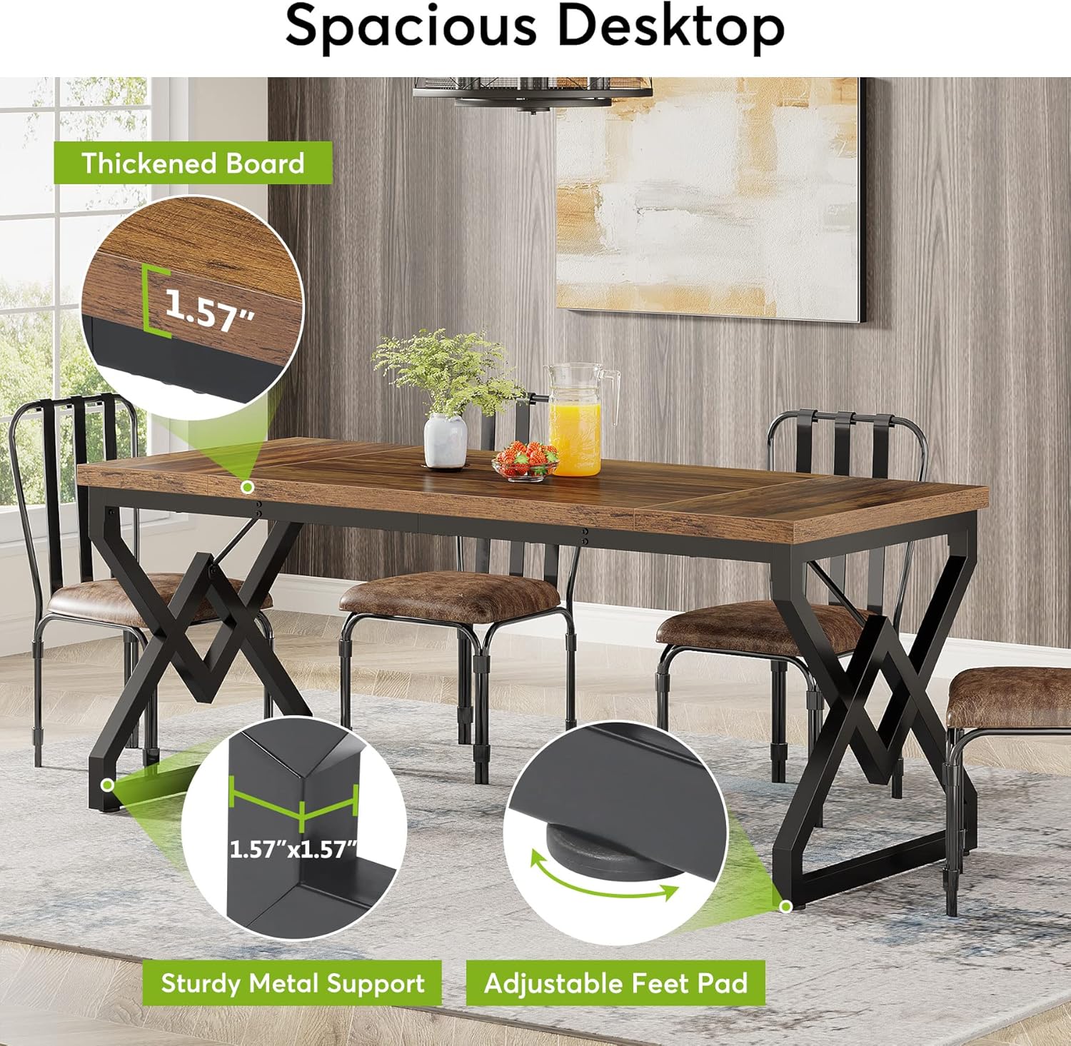 63″ Executive Office Desk, Vintage Brown, Thick Wooden Top & Metal Frame, Home Workstation - Image 3