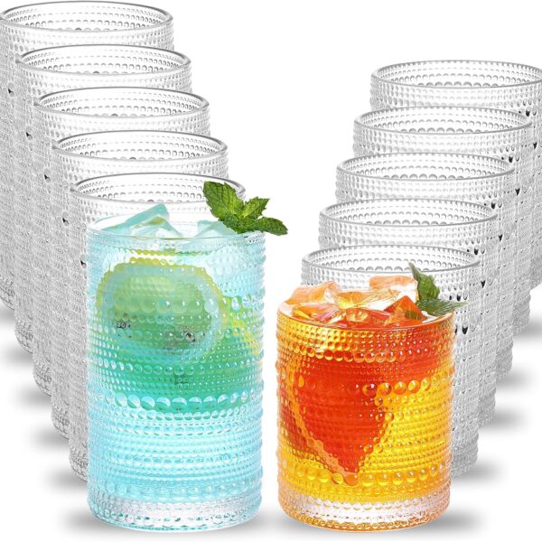Set of 12 Hobnail Glasses, 12 oz Highball & 10 oz Cocktail Tumblers, Clear Boho Glassware for Whiskey, Beer & Juice