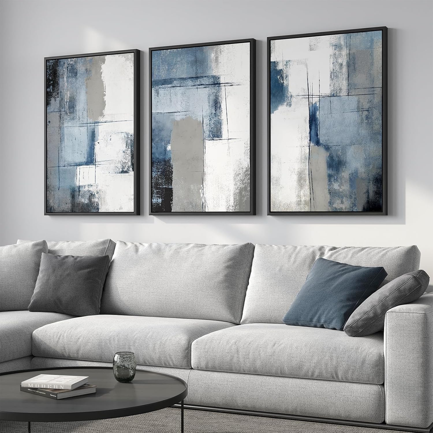 3-Piece Framed Abstract Canvas Wall Art, Blue & Grey, 24×36″, Modern Minimalist Decor - Image 4