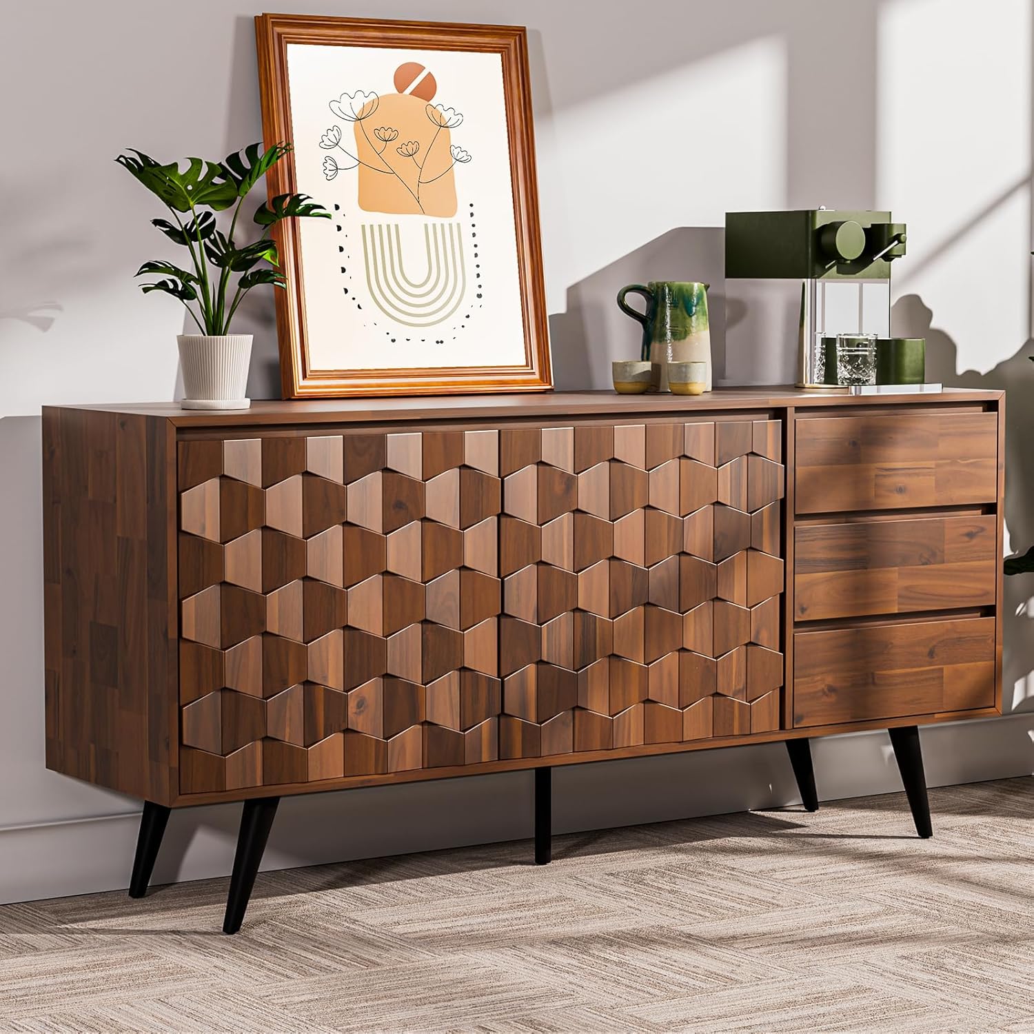 61″ Solid Wood Sideboard Cabinet, 2 Doors & 3 Drawers, Mid-Century Modern