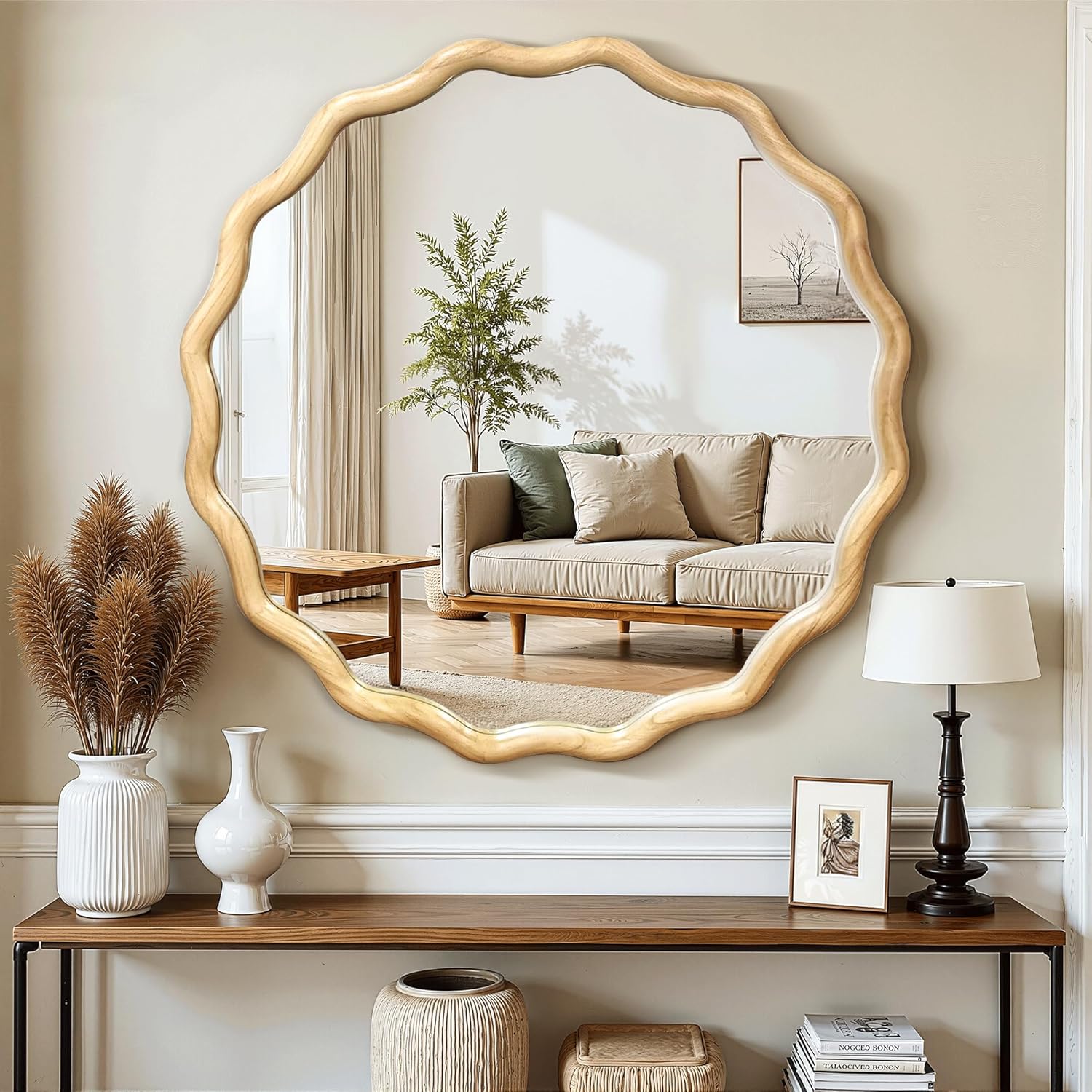 24″ Round Wavy Wooden Wall Mirror, Scalloped Frame, Shatterproof Glass, Farmhouse Decor - Image 4