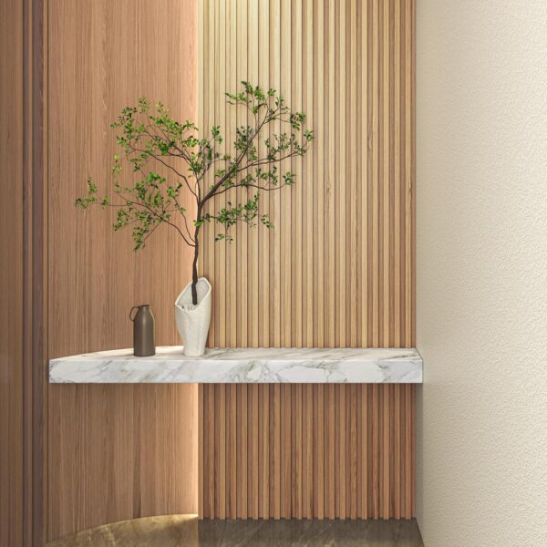 4-Pack Slat Wood Wall Panels with End Trim, 108×5.7″, Oak