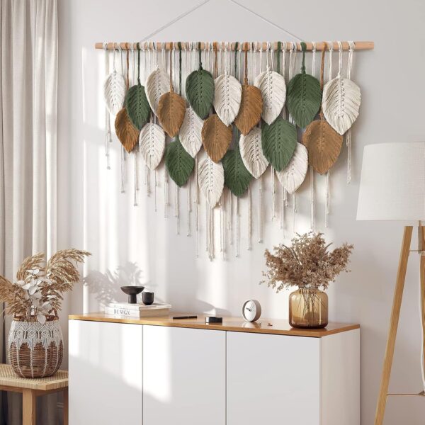 Large Macrame Wall Hanging, Boho Woven Tapestry, Leaf & Feather Design, 39×29.5″
