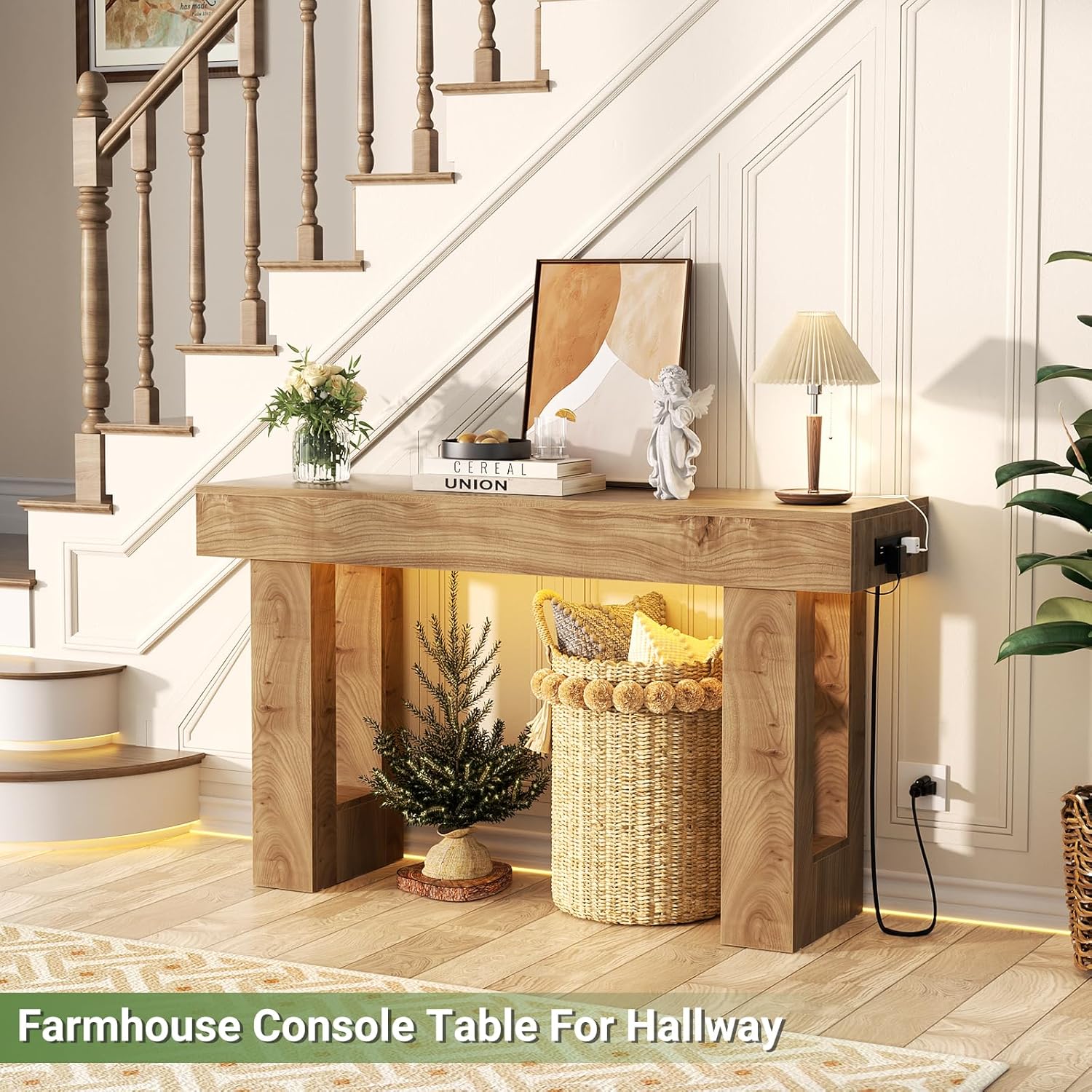 47″ Farmhouse Entryway Console Table with Socket & Sensor Light, Natural Oak - Image 2