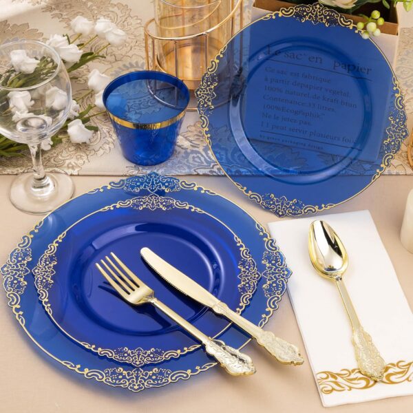 350-Piece Clear Blue Disposable Dinnerware Set for 50 Guests with Gold Trim