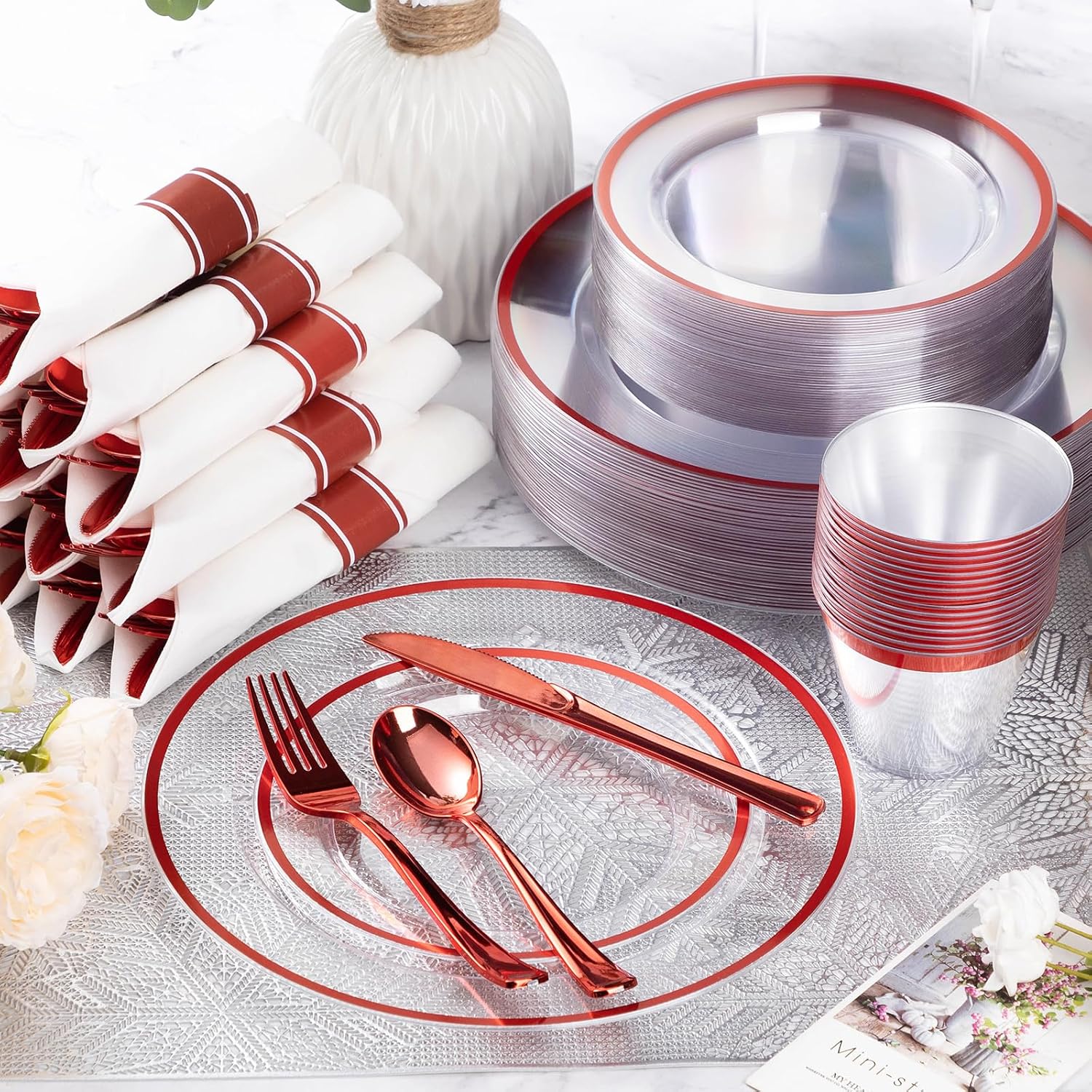 350-Piece Red Disposable Dinnerware Set for 50 Guests, Plates, Cutlery, Napkins & Cups - Image 3