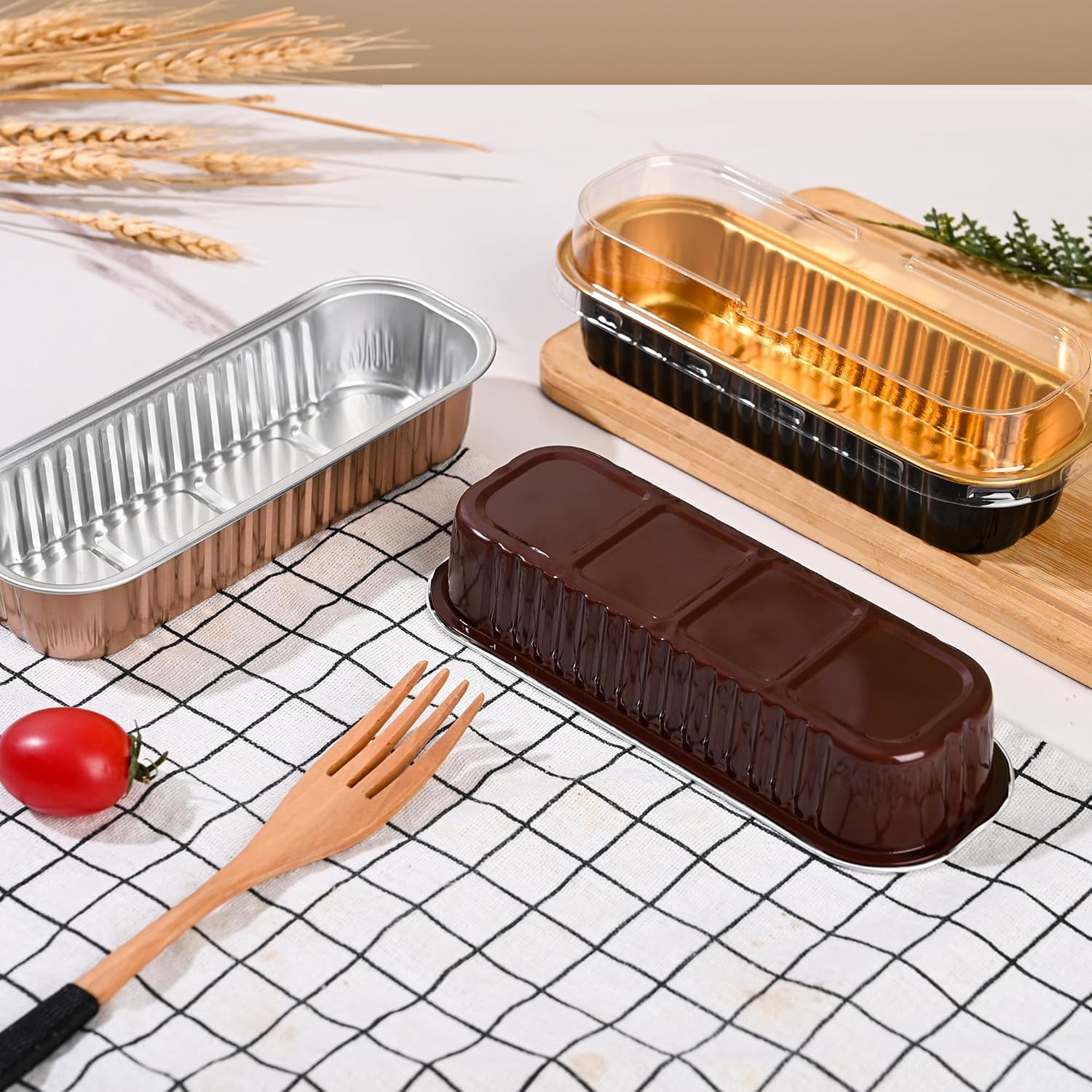50-Pack Mini Loaf Baking Pans, 6.8oz Aluminum Foil, Rectangle with Lids & Spoons, for Cupcakes, Cheesecake & Ramekins - Image 2