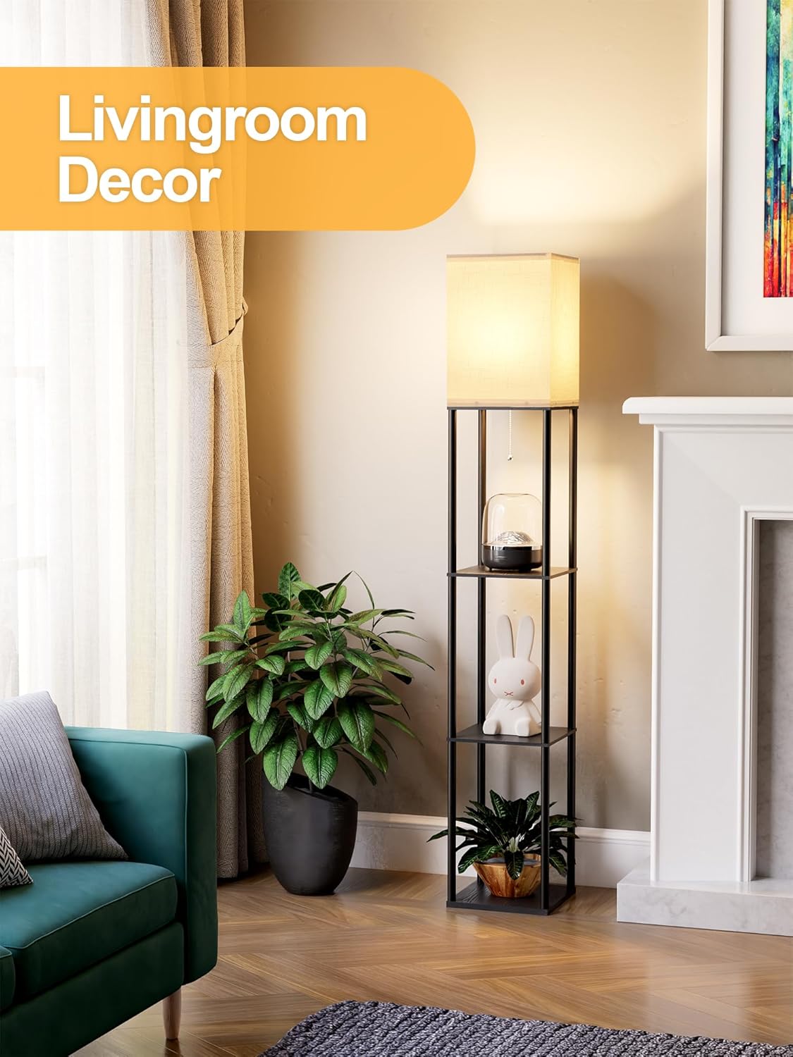 Shelf Floor Lamp with Shelves, White Linen Shade - Image 2