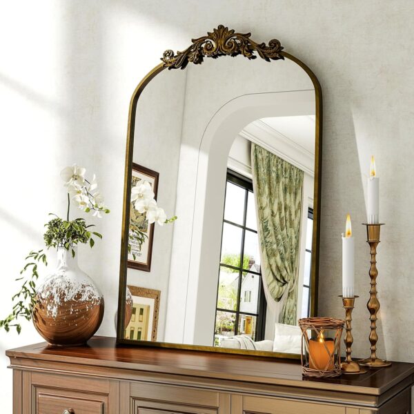 20×30″ Arched Baroque Wall Mirror, Gold Ornate Vintage, Bathroom & Bedroom Decor