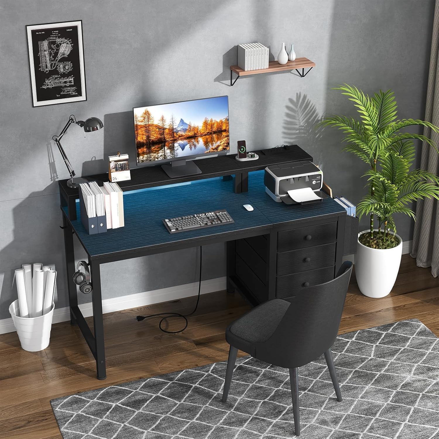 Gaming Desk with LED Lights and Power Outlets, 47 inch Computer Desk with Fabric Drawers, Reversible Home Office Desk with Monitor Stand, Black - Image 4