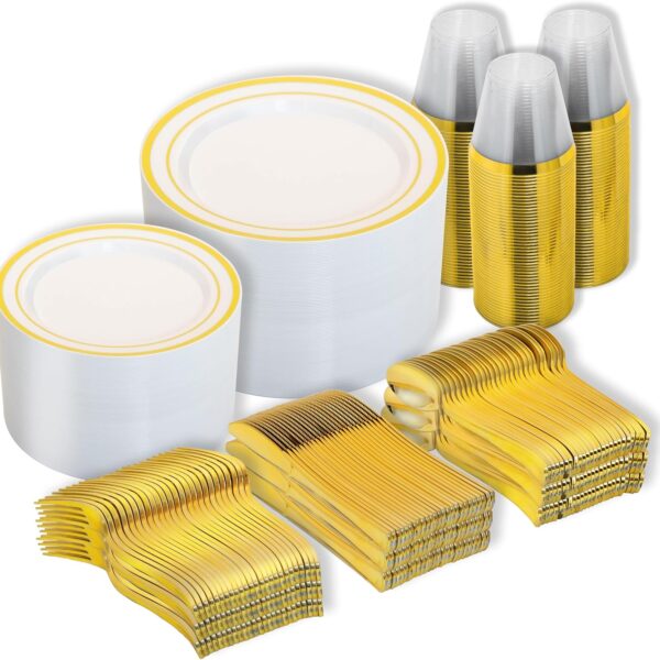 600-Piece Gold Disposable Dinnerware Set for 100 Guests, Plates, Cups & Cutlery