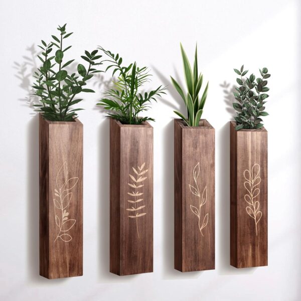 4-Pack Wood Wall Planters, Modern Boho Farmhouse, Brown, Indoor Decor for Flowers & Greenery