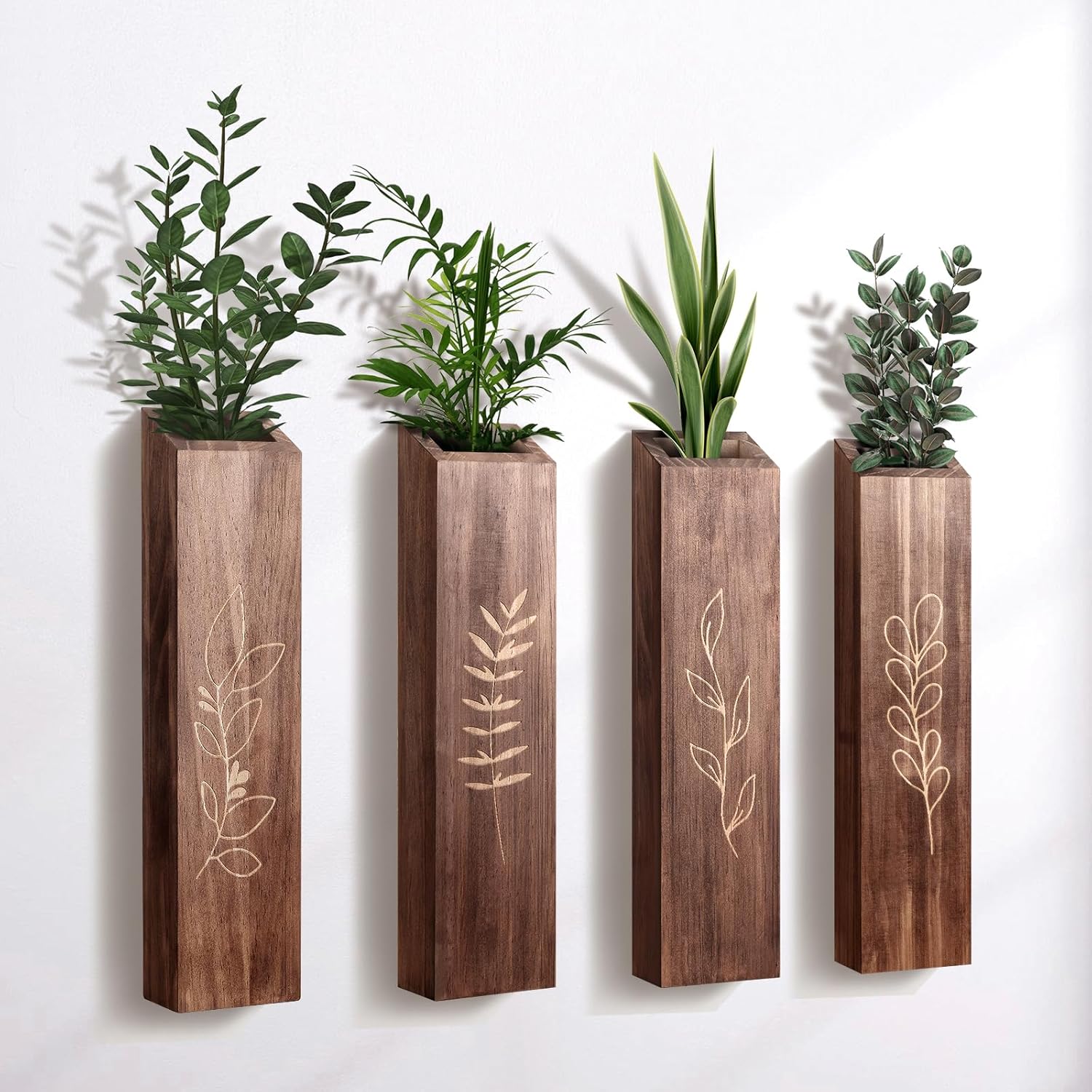 4-Pack Wood Wall Planters, Modern Boho Farmhouse, Brown, Indoor Decor for Flowers & Greenery