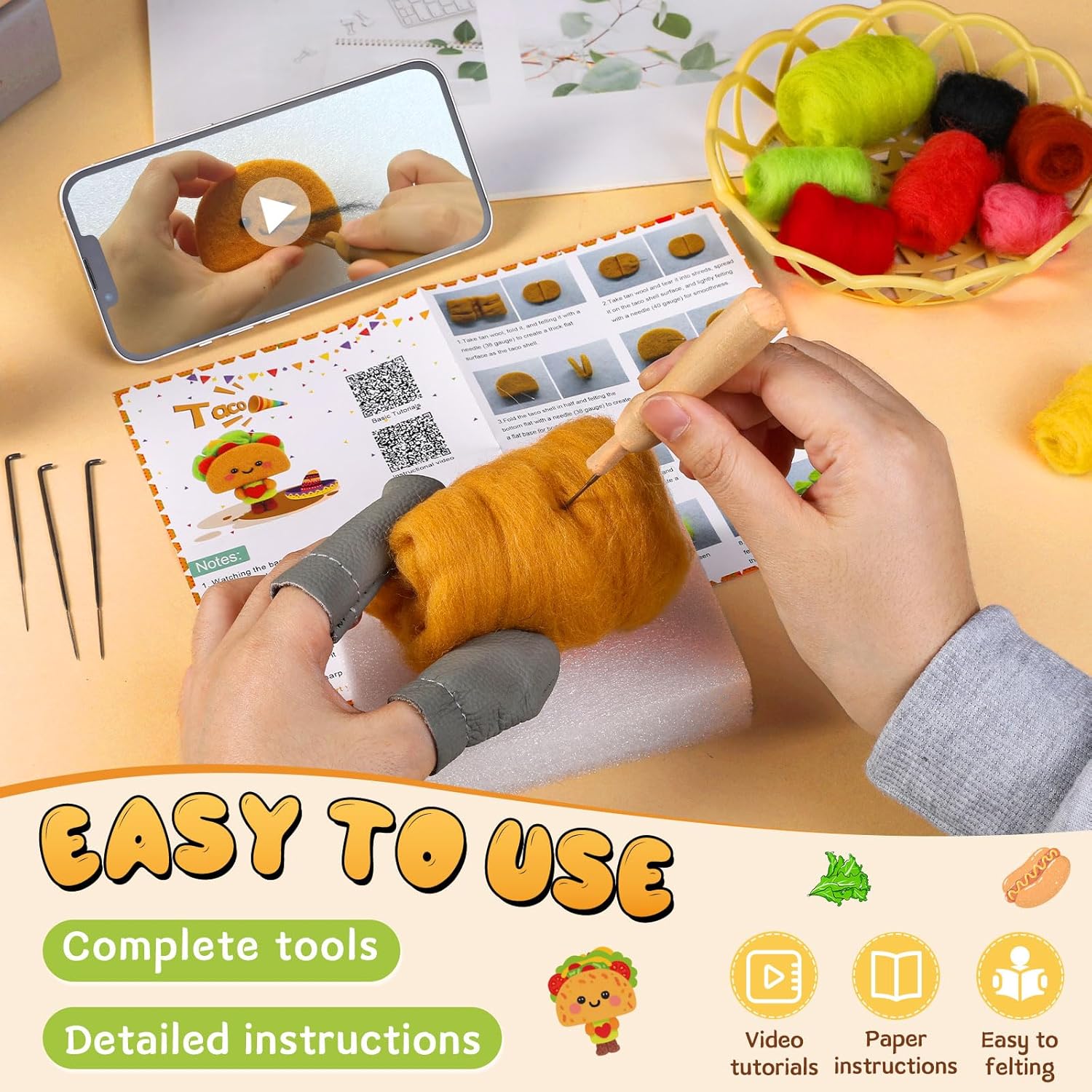 Beginner Needle Felting Kit, Taco Design, Includes Wool, Foam Pad & Needles - Image 2